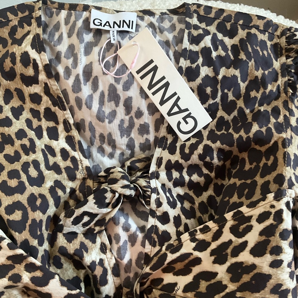 Ganni. NWT. Leopard Tie Front Dress. Spring Summer 2025. Size 42/ LG - Picture 8 of 12
